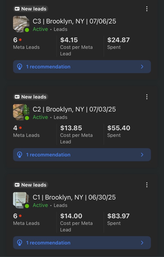 Profitable Facebook ads dashboard showing $5-10 cost per lead for pressure washing services
