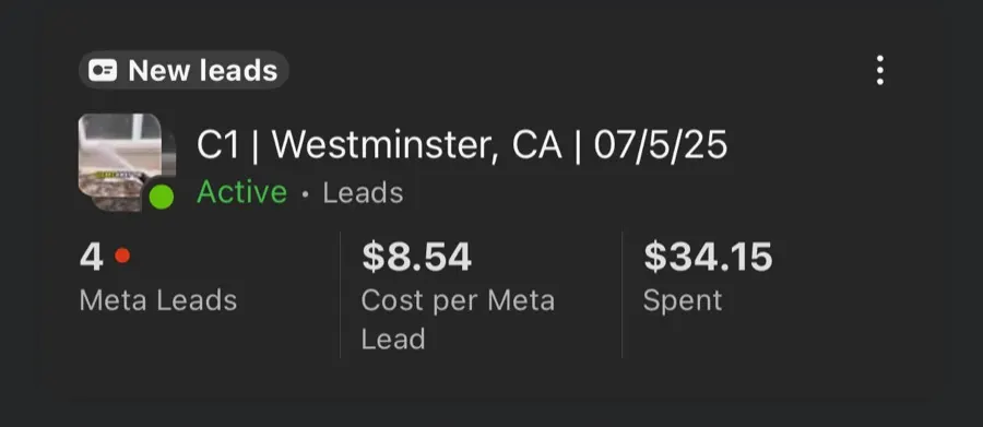 Meta Ads Manager screenshot from a client lead campaign in Westminster, CA