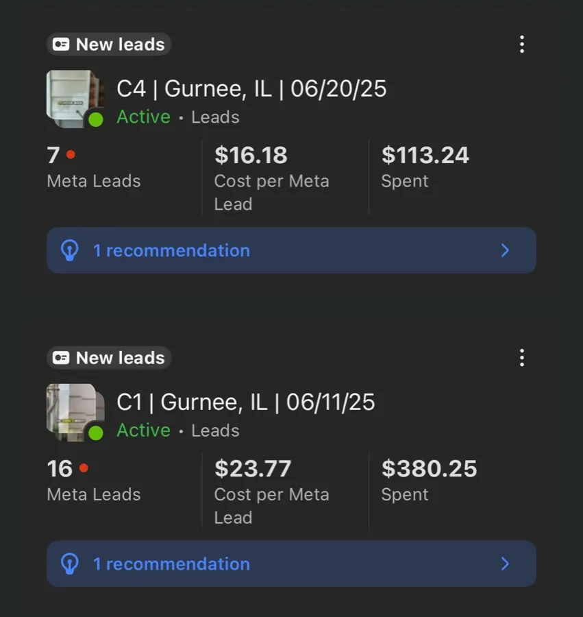 Meta Ads Manager screenshot from a client lead campaign in Gurnee, IL