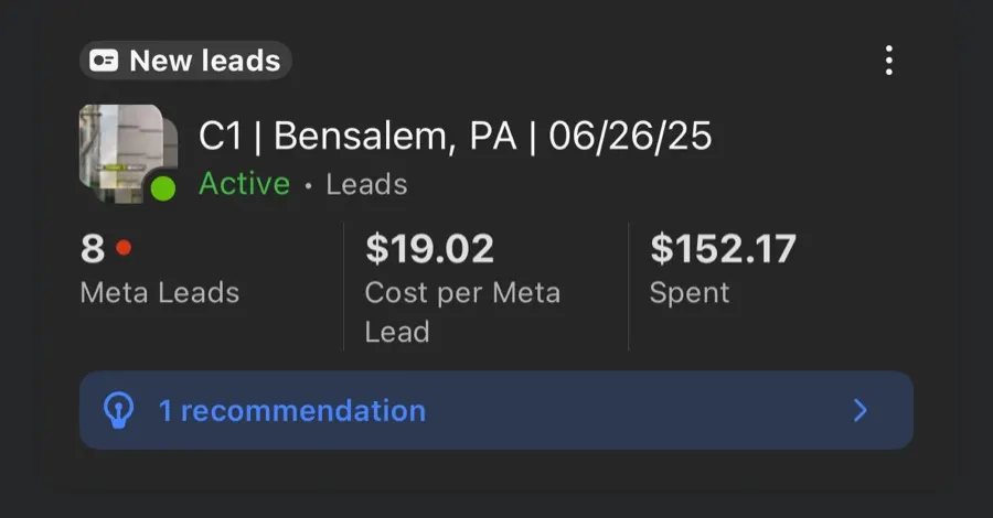 Meta Ads Manager screenshot from a client lead campaign in Bensalem, PA