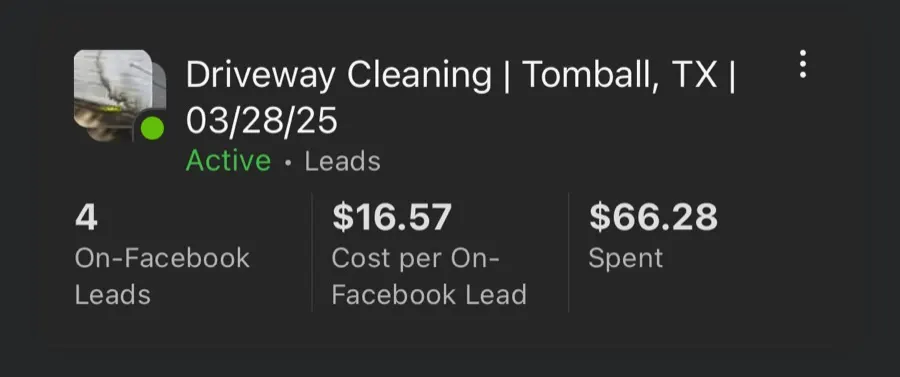 Meta Ads Manager screenshot from a client lead campaign in Tomball, TX