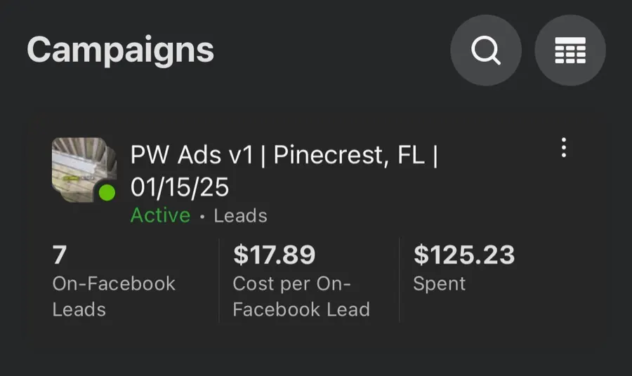 Meta Ads Manager screenshot from a client lead campaign in Pinecrest, FL