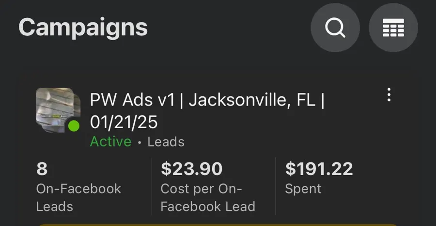 Meta Ads Manager screenshot from a client lead campaign in Jacksonville, FL
