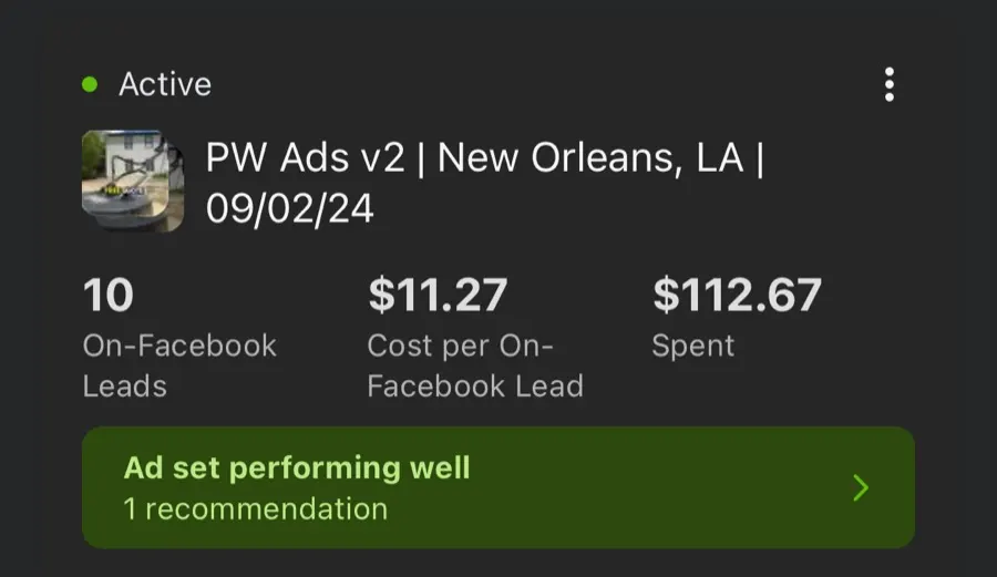 Meta Ads Manager screenshot from a client lead campaign in New Orleans, LA