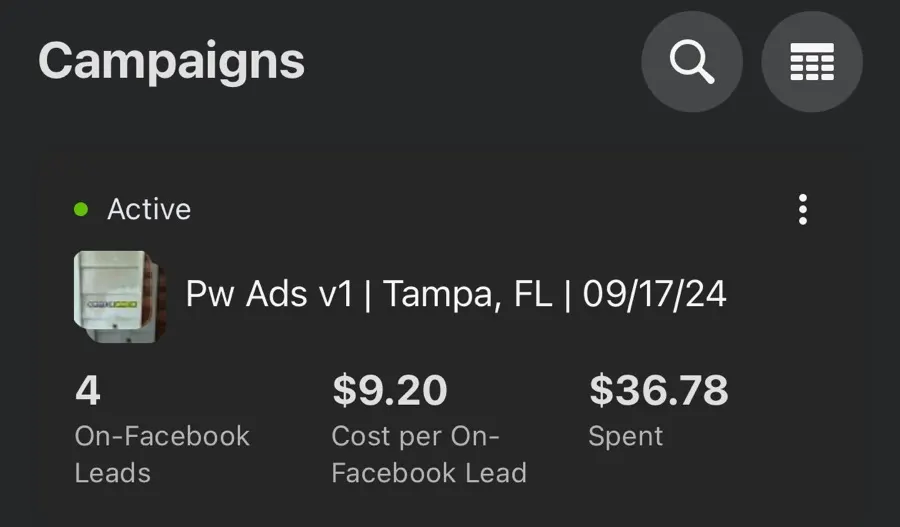 Meta Ads Manager screenshot from a client lead campaign in Tampa, FL