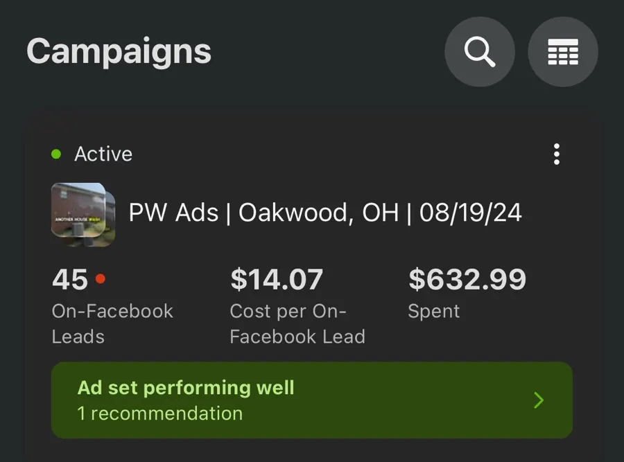Meta Ads Manager screenshot from a client lead campaign in Oakwood