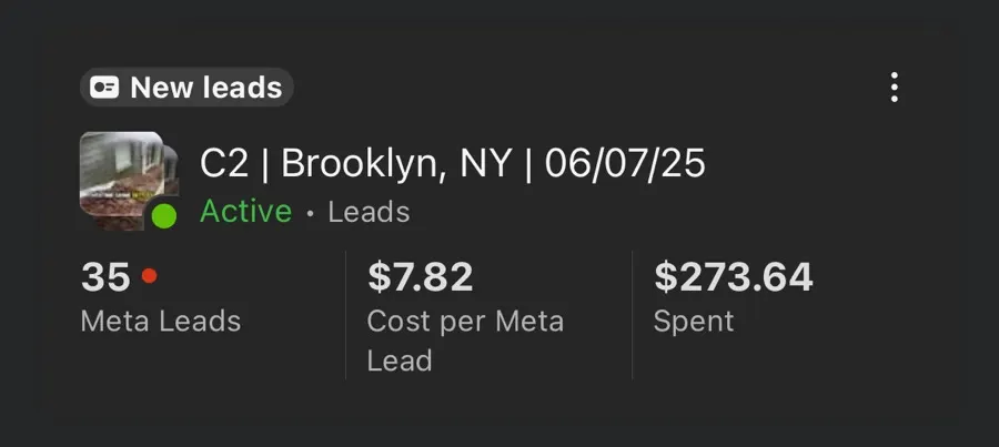 Meta Ads Manager screenshot from a client lead campaign in Brooklyn, NY