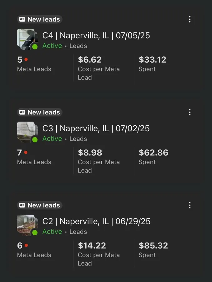 Meta Ads Manager screenshot from a client lead campaign in Naperville, IL