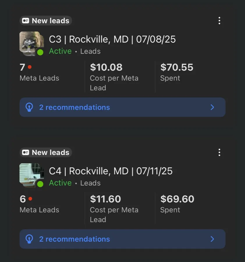Meta Ads Manager screenshot from a client lead campaign in Rockville, MD