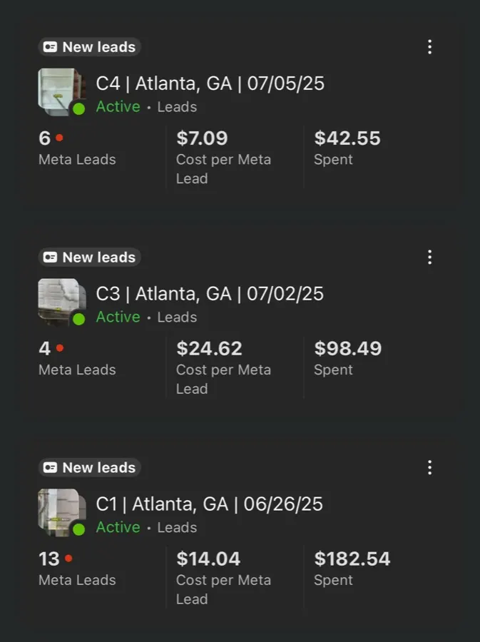 Meta Ads Manager screenshot from a client lead campaign in Atlanta, GA
