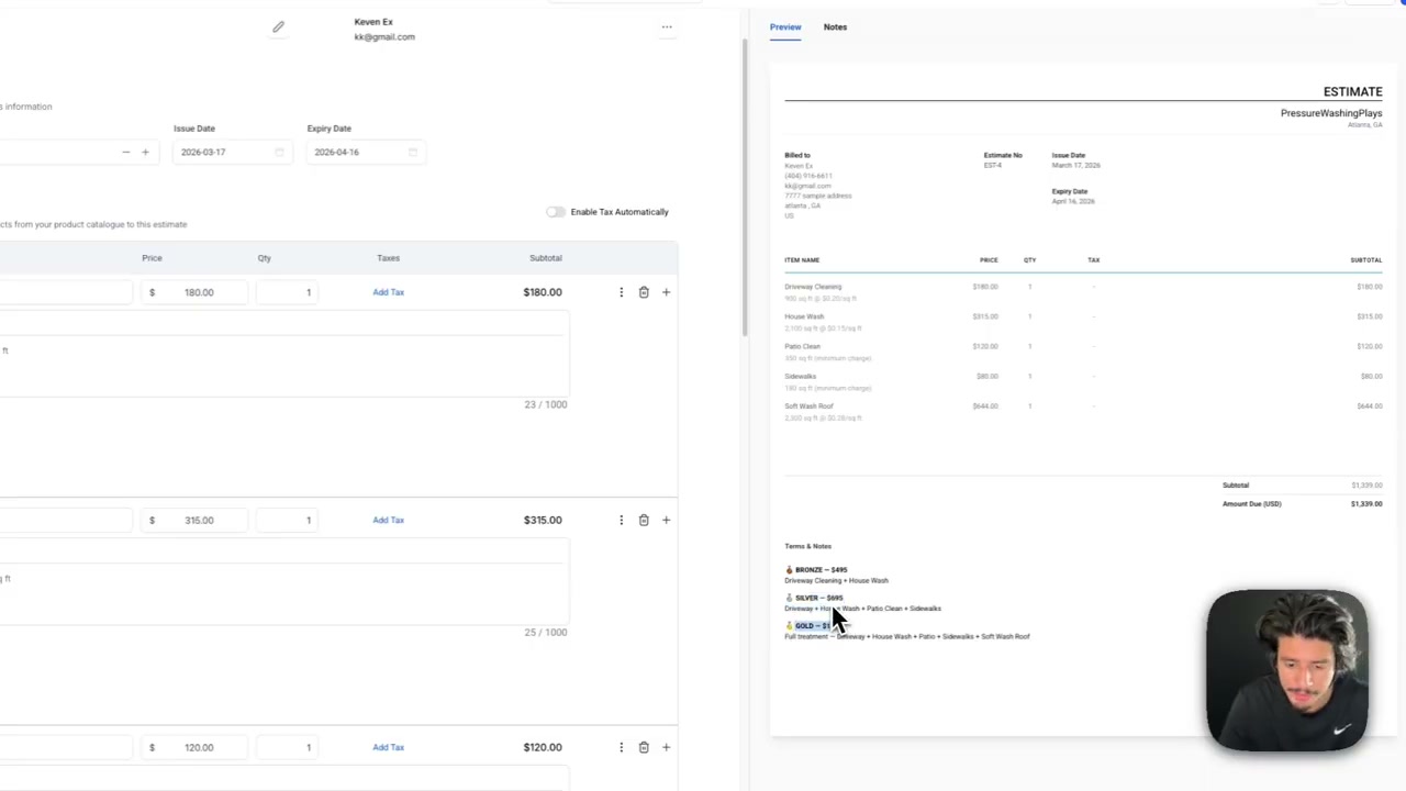 Estimate form showing line items and package selection options (Bronze, Silver, Gold) in terms and notes section