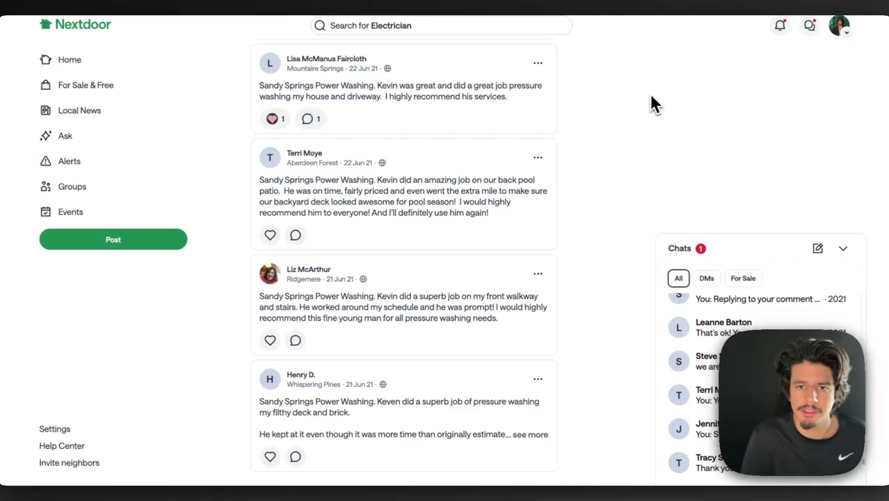 Nextdoor app feed showing multiple comments on a service post