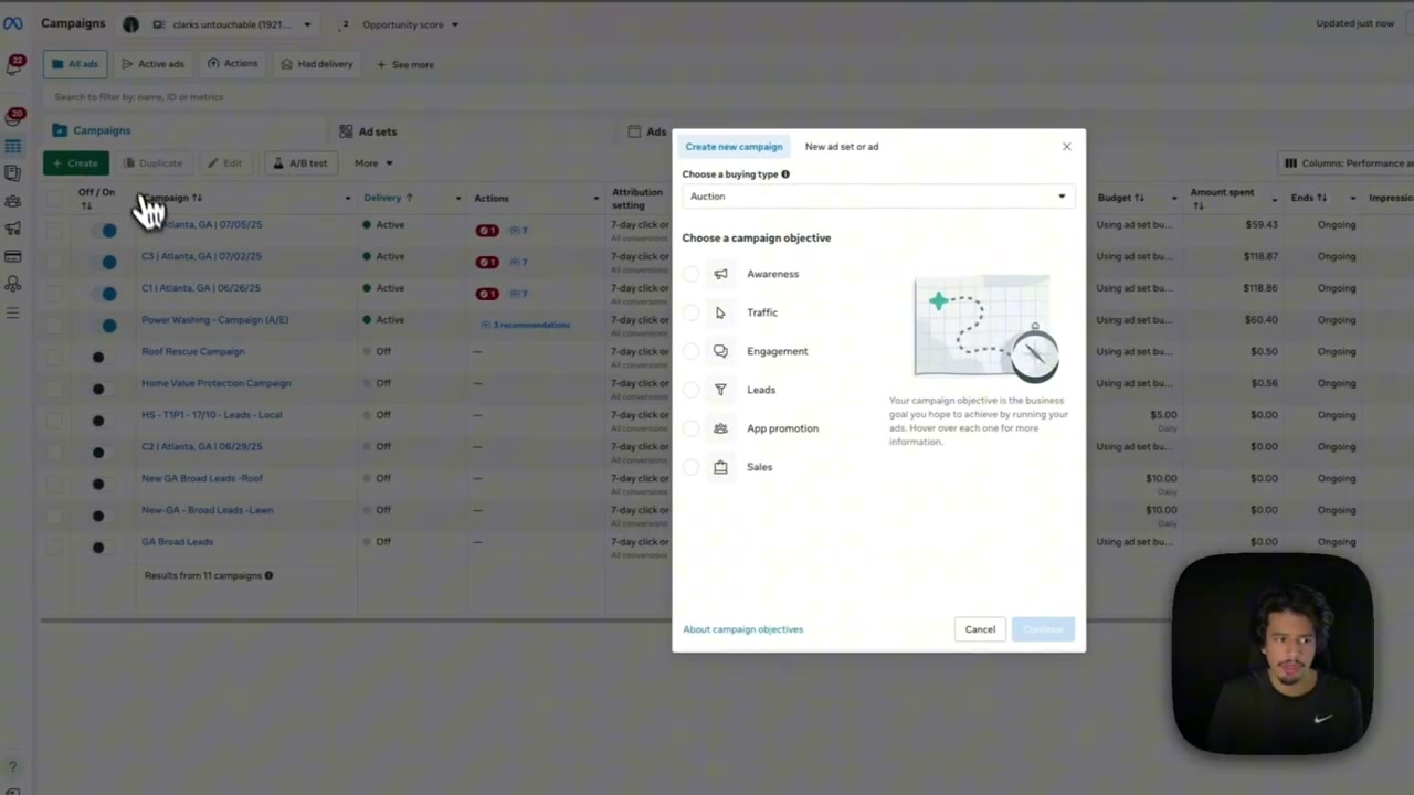 Facebook Ads Manager interface with green 'Create' button for setting up top-of-funnel engagement campaign