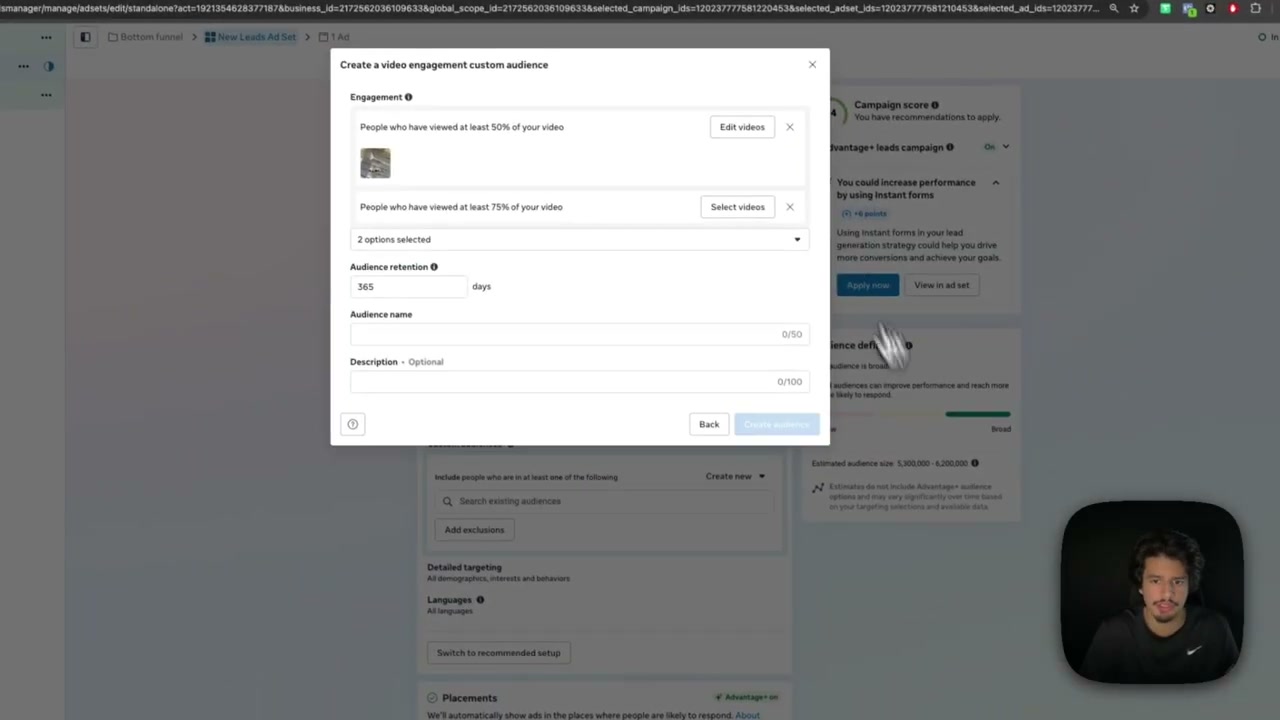 Facebook Ads Manager interface selecting middle-funnel video content for retargeting audience