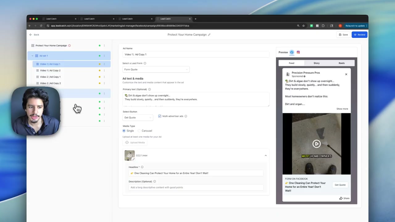 Facebook Ads Manager campaign setup showing eight ads per campaign with custom video labels