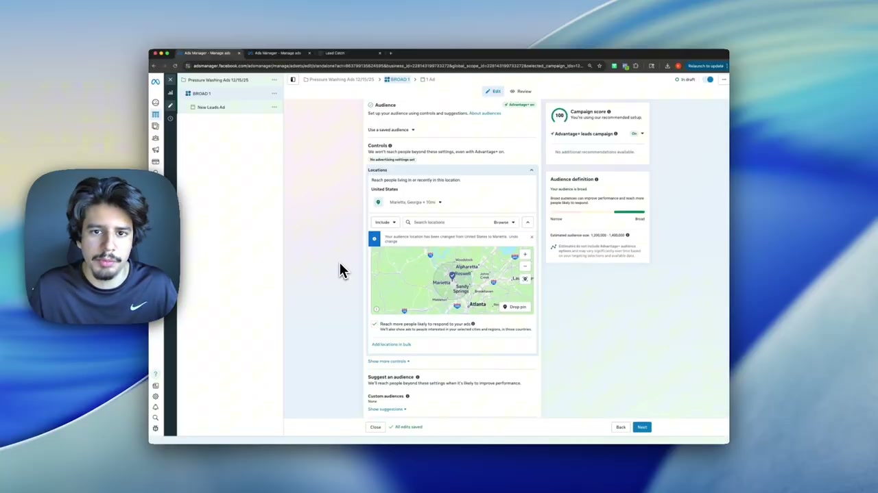 Ad spend recommendations displayed in Ads Manager for different service area sizes