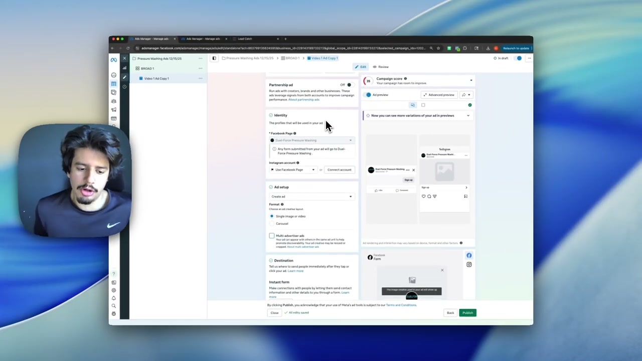 Facebook Lead Form ad setup screen showing form creation and call-to-action options