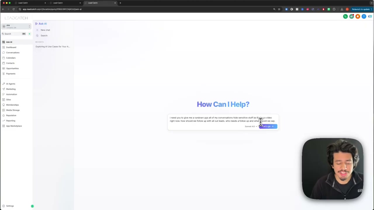 CRM dashboard showing AI prompt interface for generating contact conversation summaries
