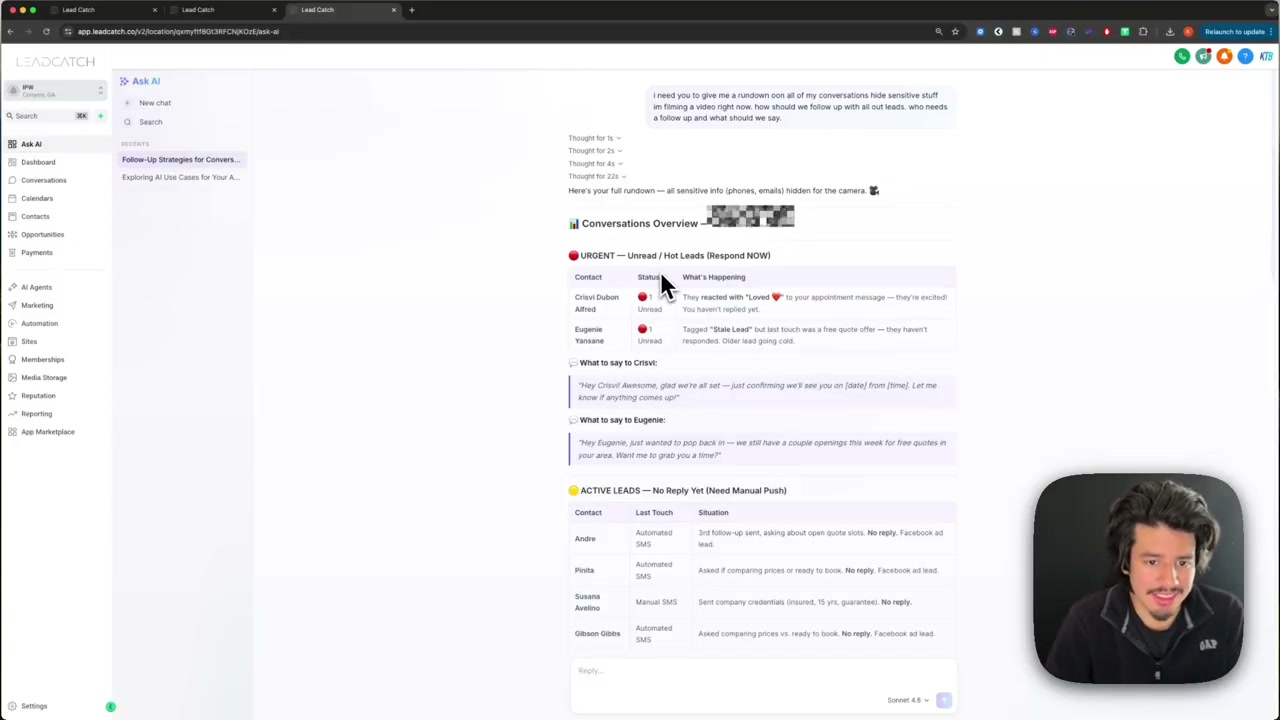AI-generated prompt response displaying detailed contact analysis and follow-up recommendations