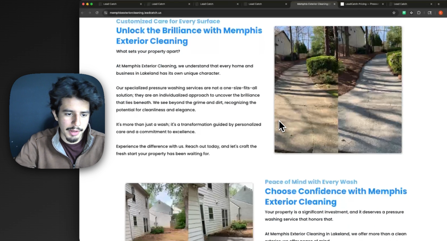 Professional pressure washing website homepage with quote request form, services section, and before/after galleries