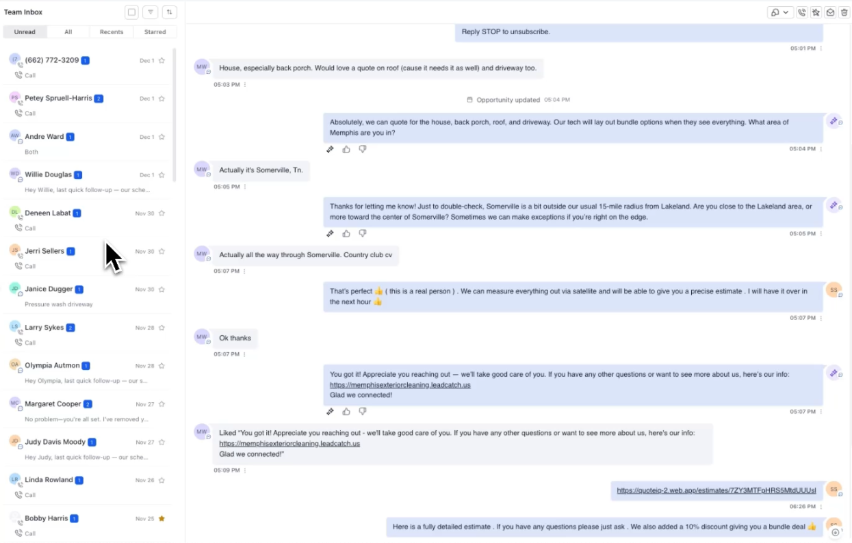 LeadCatch Team Inbox showing multiple pressure washing leads from Facebook ads with conversation threads and AI automated follow-up messages